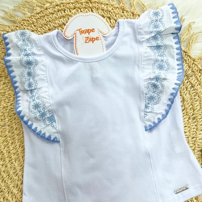 Conjunto Branco e Azul com mangas bordadas